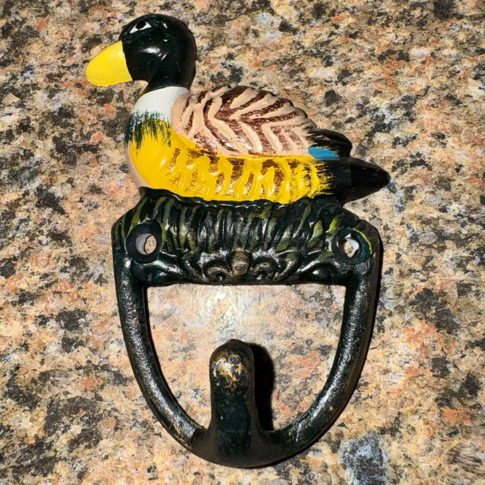 Vintage Cast Iron Mallard Duck Single Hook Wall Hanger Hand Painted Camp Decor